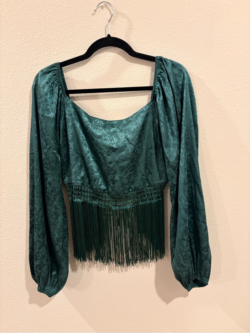 Emerald Teal Fringe Jacquard Long-Sleeve Blouse